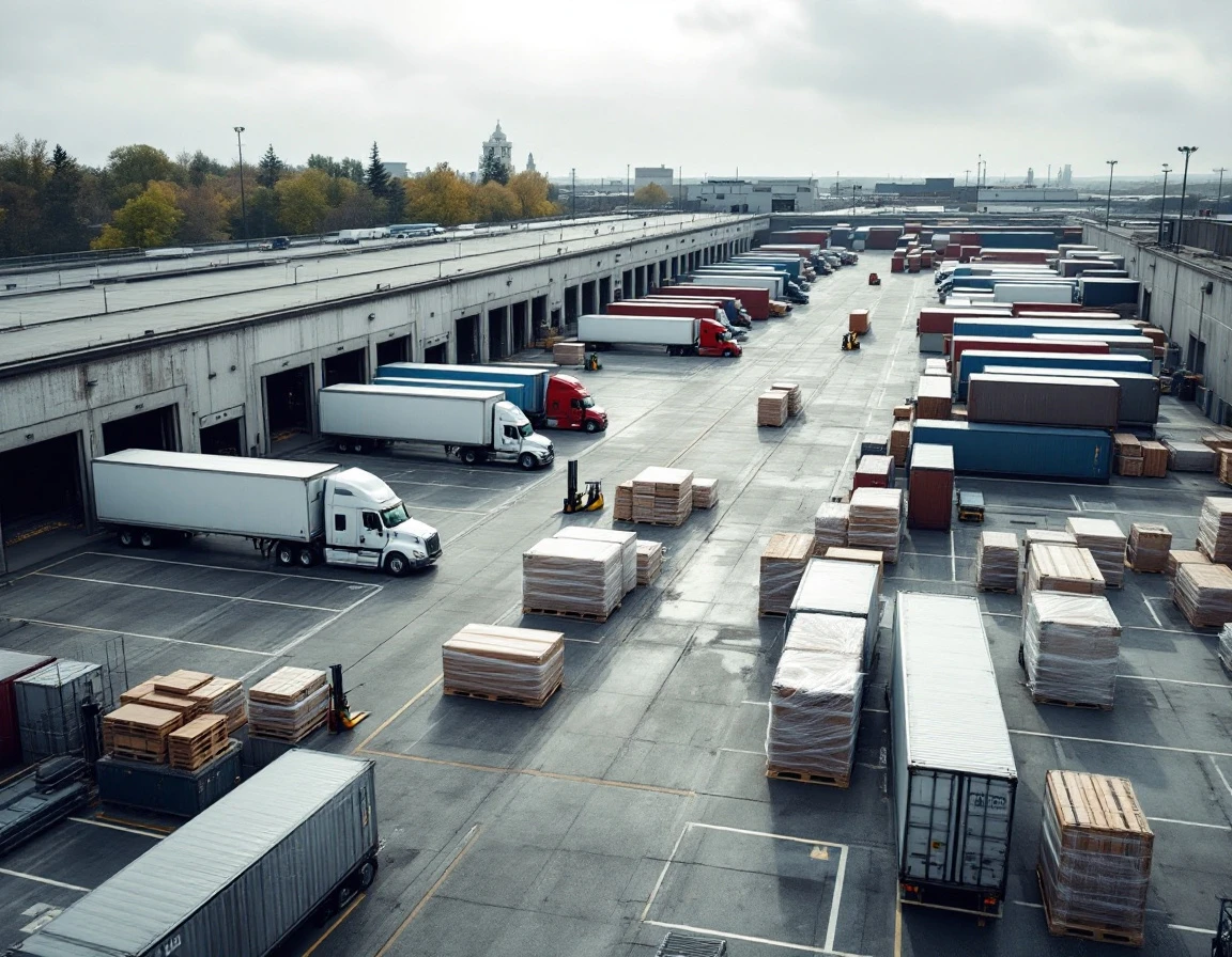Cross-border shipping depot with trailers and containers at US-Canada border facility