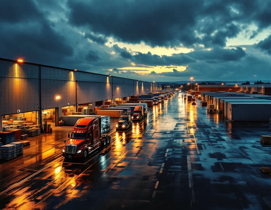Cross-border shipping facility with trucks and warehouse loading docks under atmospheric evening lighting