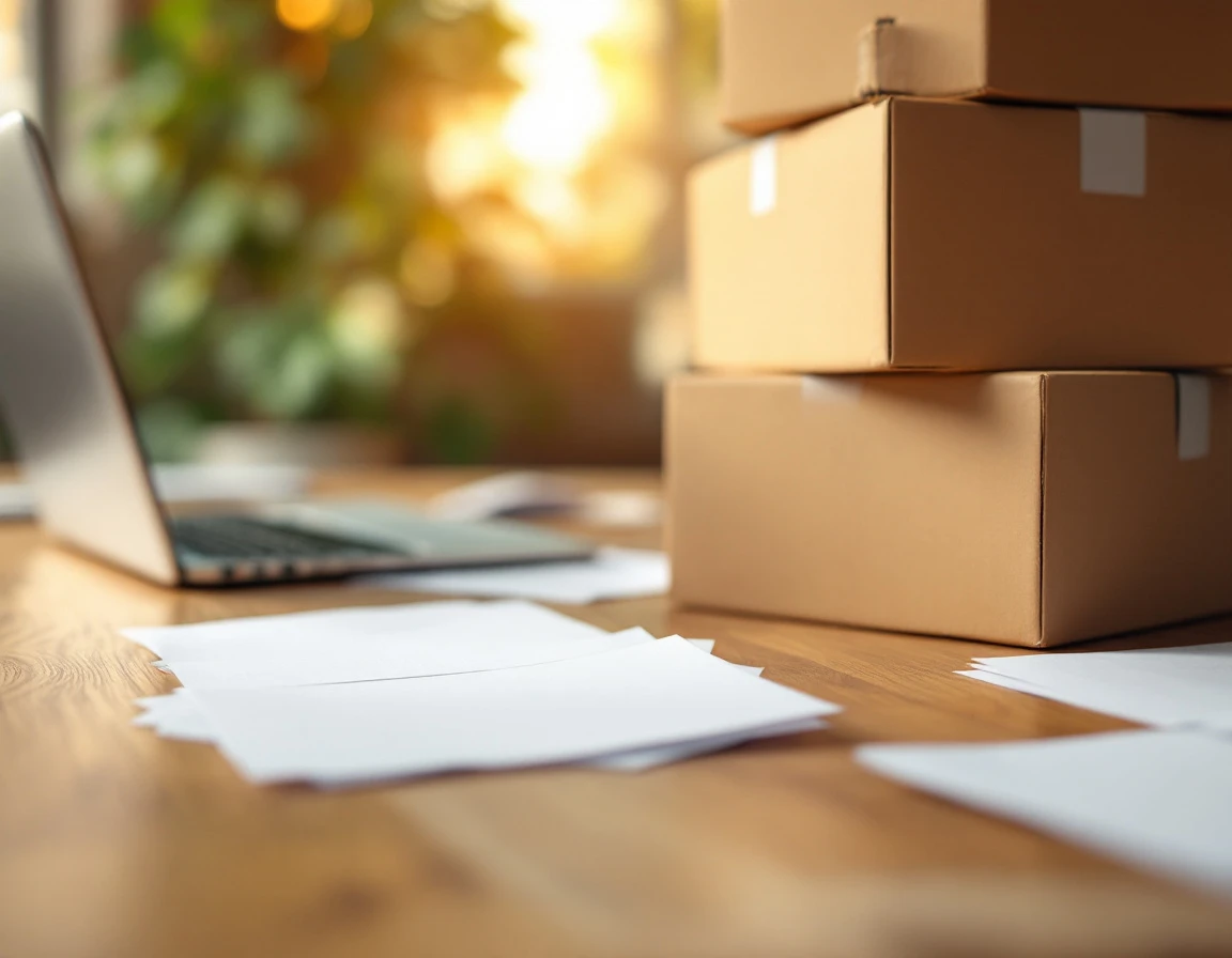 Cardboard shipping boxes and laptop on wooden desk representing refund claim documentation workspace