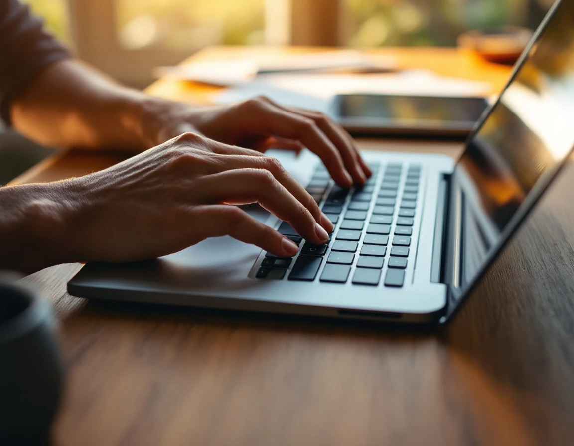 Hands typing on laptop at wooden desk with blurred financial papers in soft afternoon light