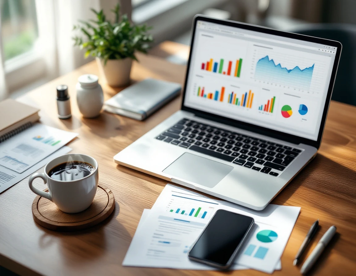 Organized desk workspace with laptop, financial documents, coffee mug, and smartphone for revenue analysis
