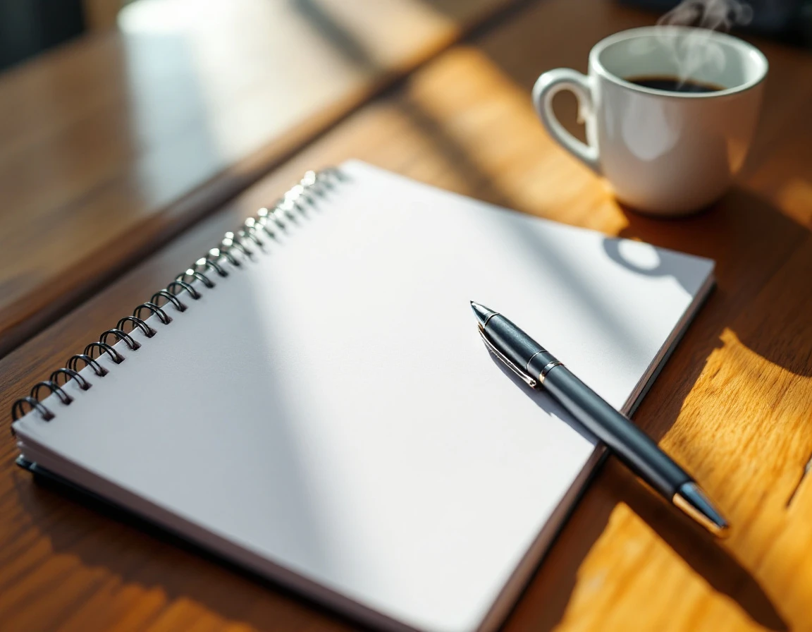 Blank notepad with pen and coffee on wooden desk with natural window lighting