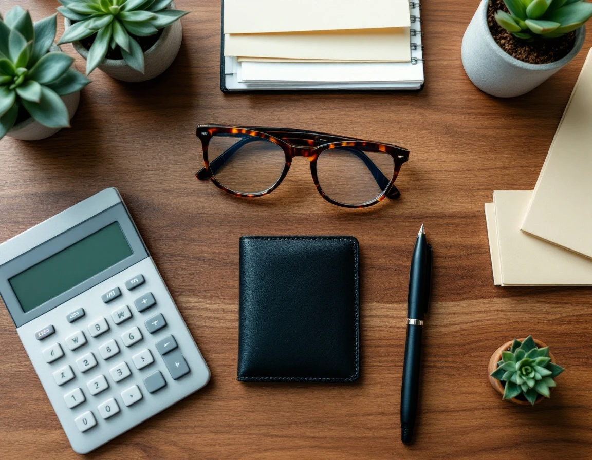 Professional workspace with calculator, financial documents, and desk accessories for cost recovery planning