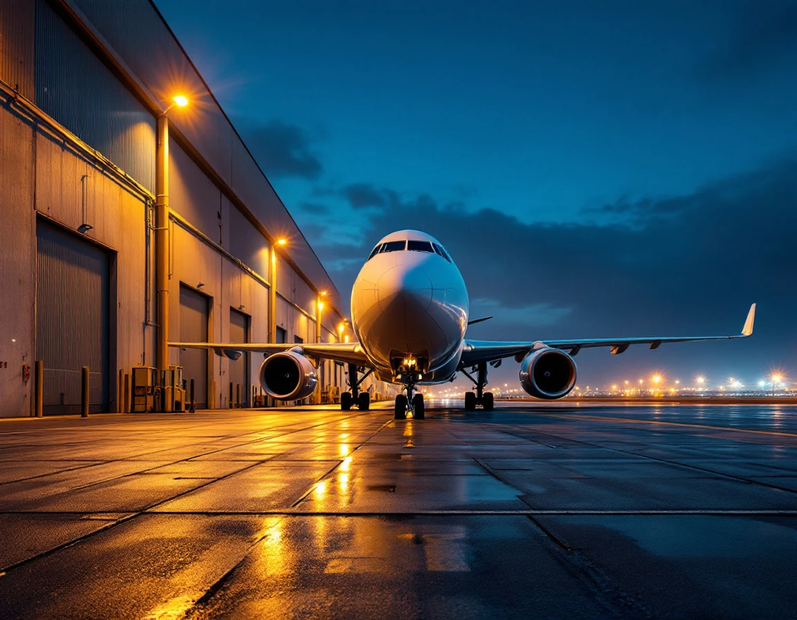 Cargo freighter aircraft on airport tarmac at dusk with hangar facilities in background
