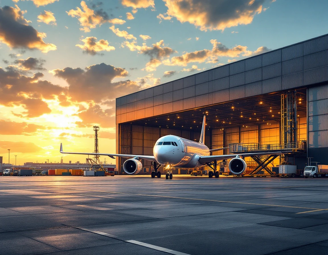 Air cargo warehouse facility with freight aircraft at loading dock during golden hour