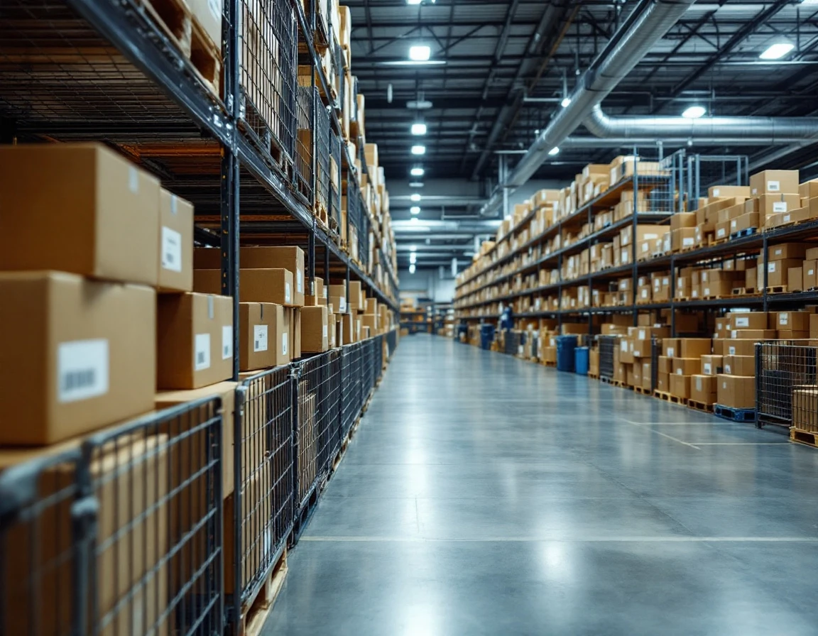 Warehouse sorting area with organized shipping containers and package bins in logistics facility