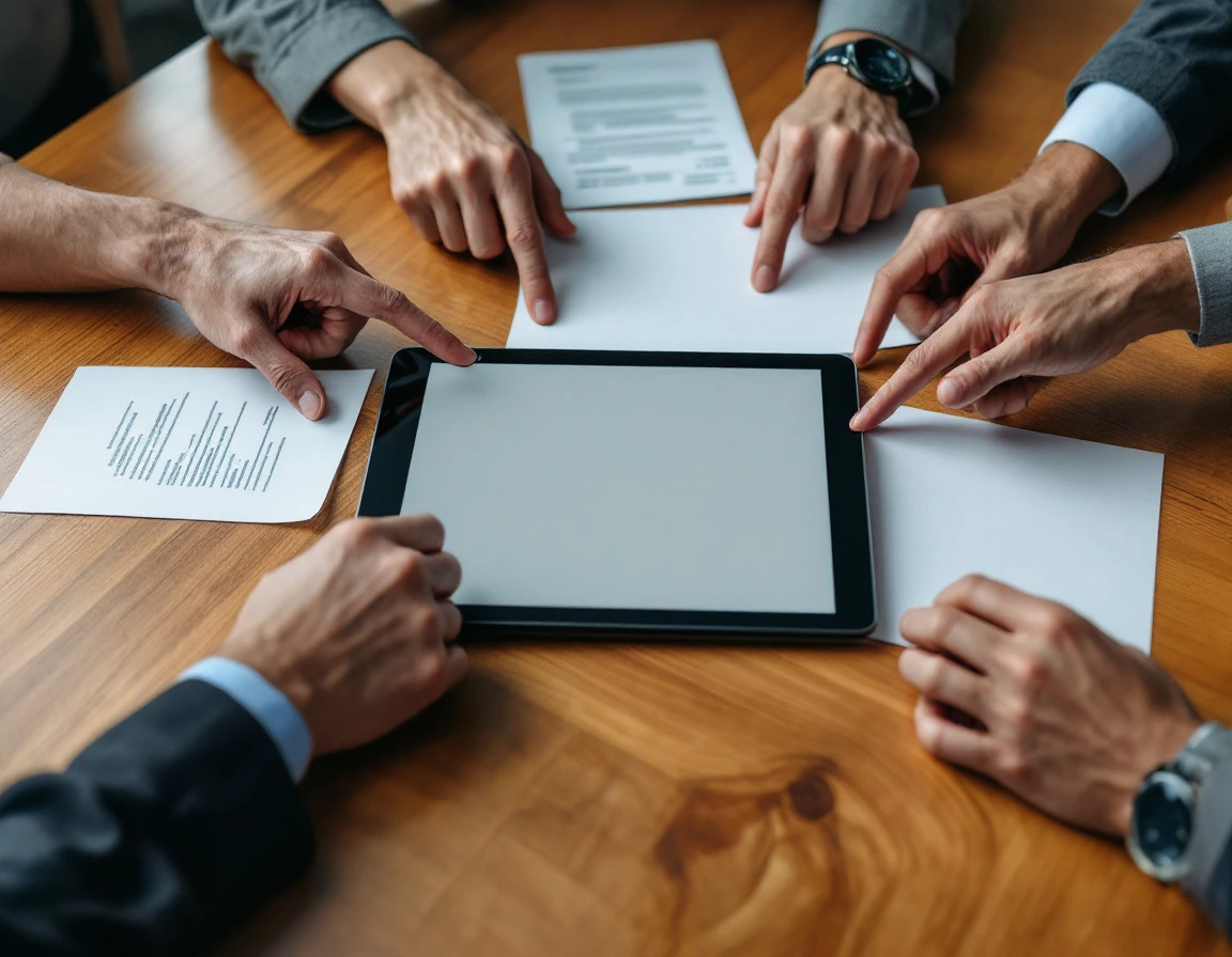 Business professionals' hands reviewing shipping documents and logistics paperwork on conference table