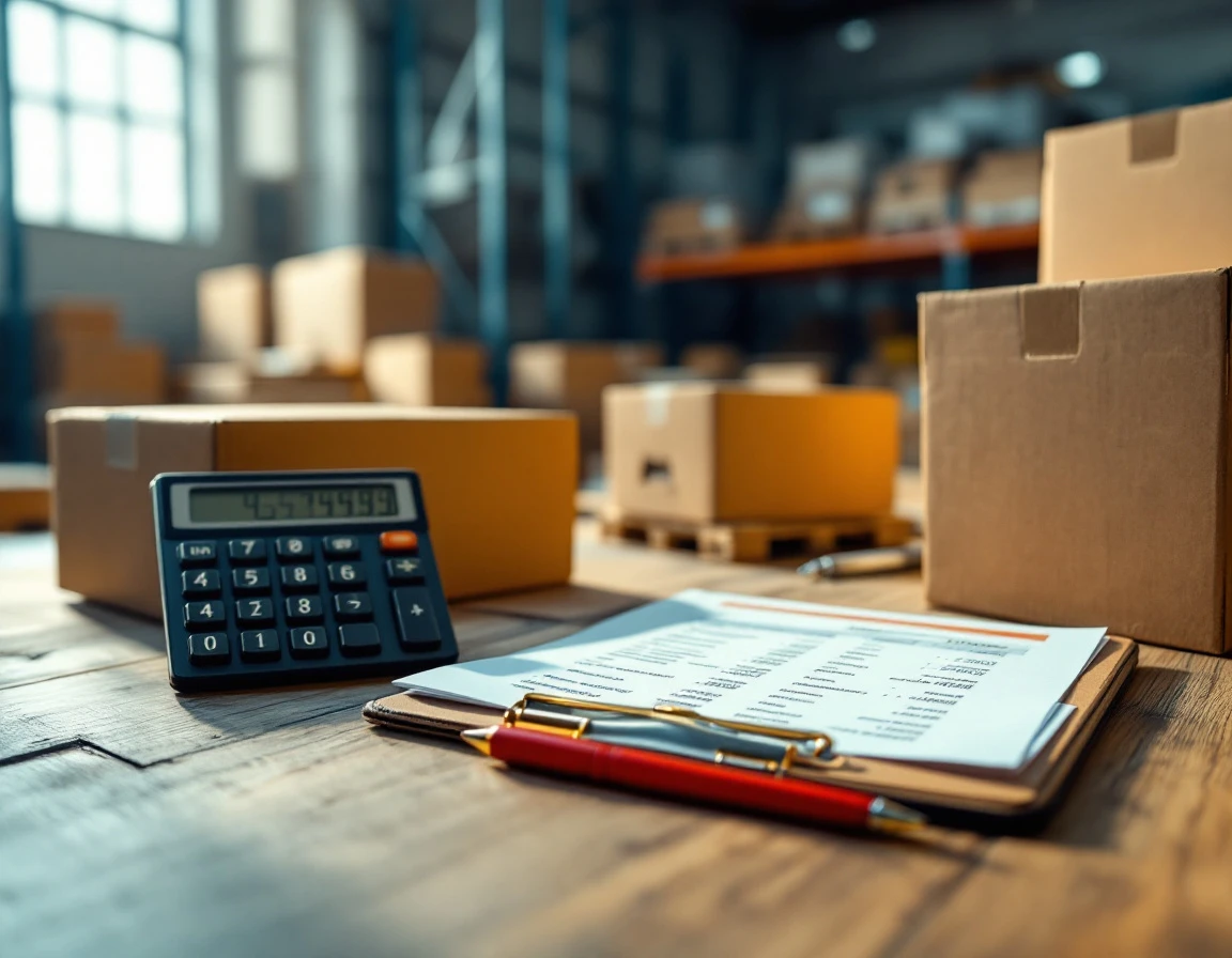 Shipping rate documents and calculator on warehouse desk with cardboard boxes in industrial setting