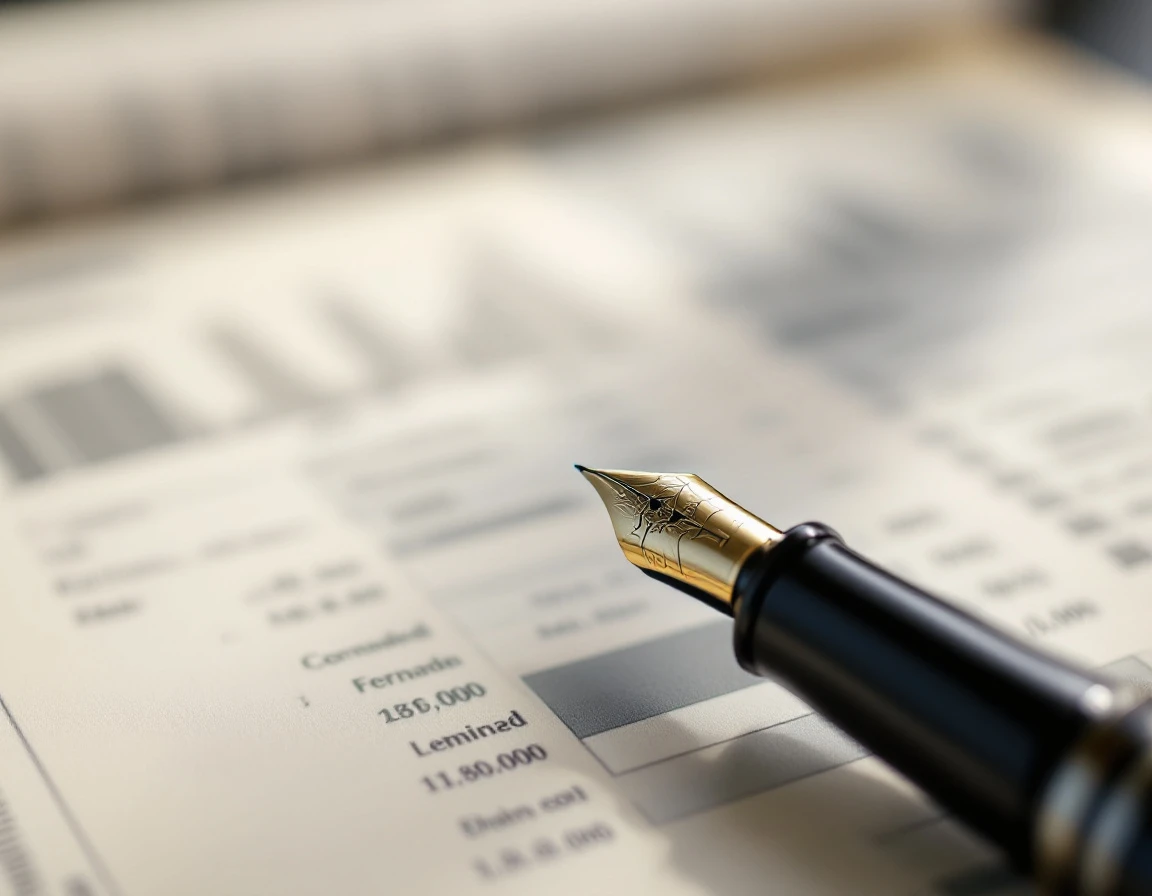 Fountain pen on blurred document pages representing financial audit and invoice verification processes