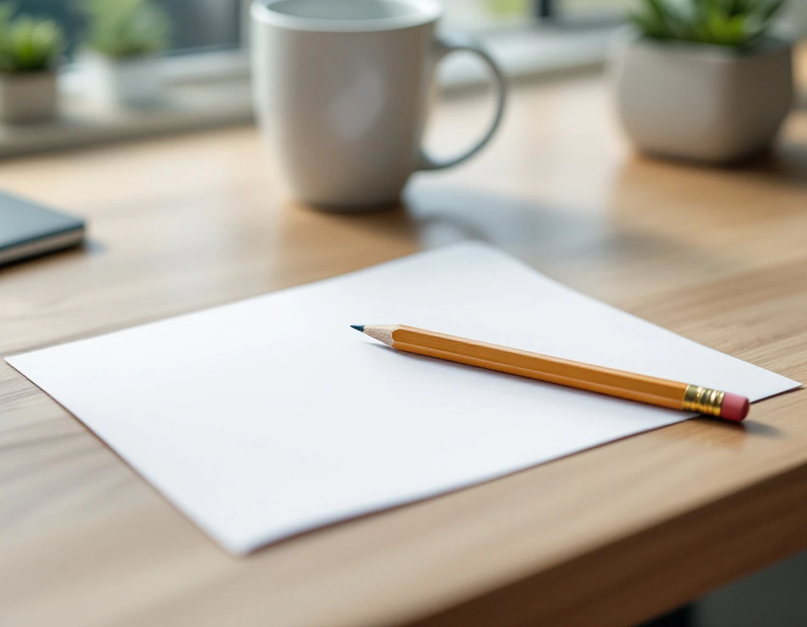 Blank paper and pencil on wooden desk with coffee cup and plant in soft focus background