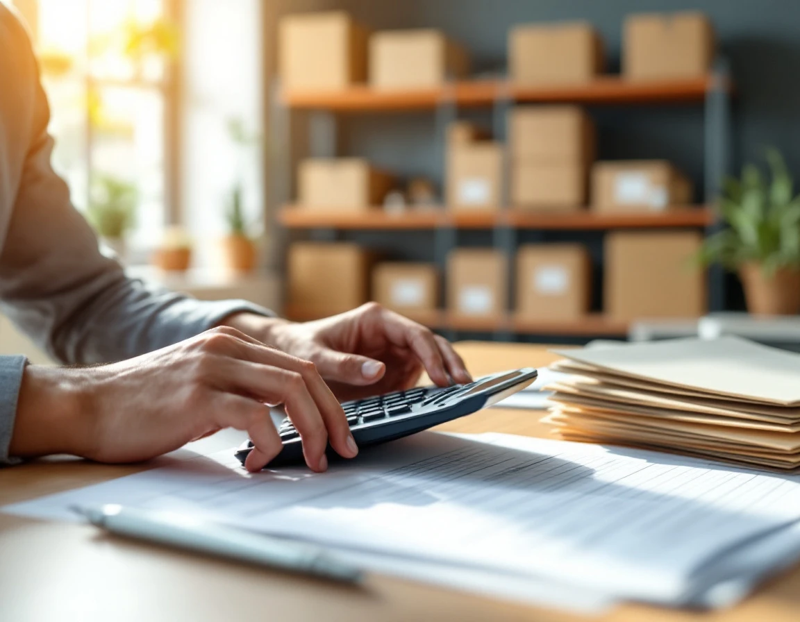 Office desk with calculator and blank audit forms, warehouse shelving visible in background