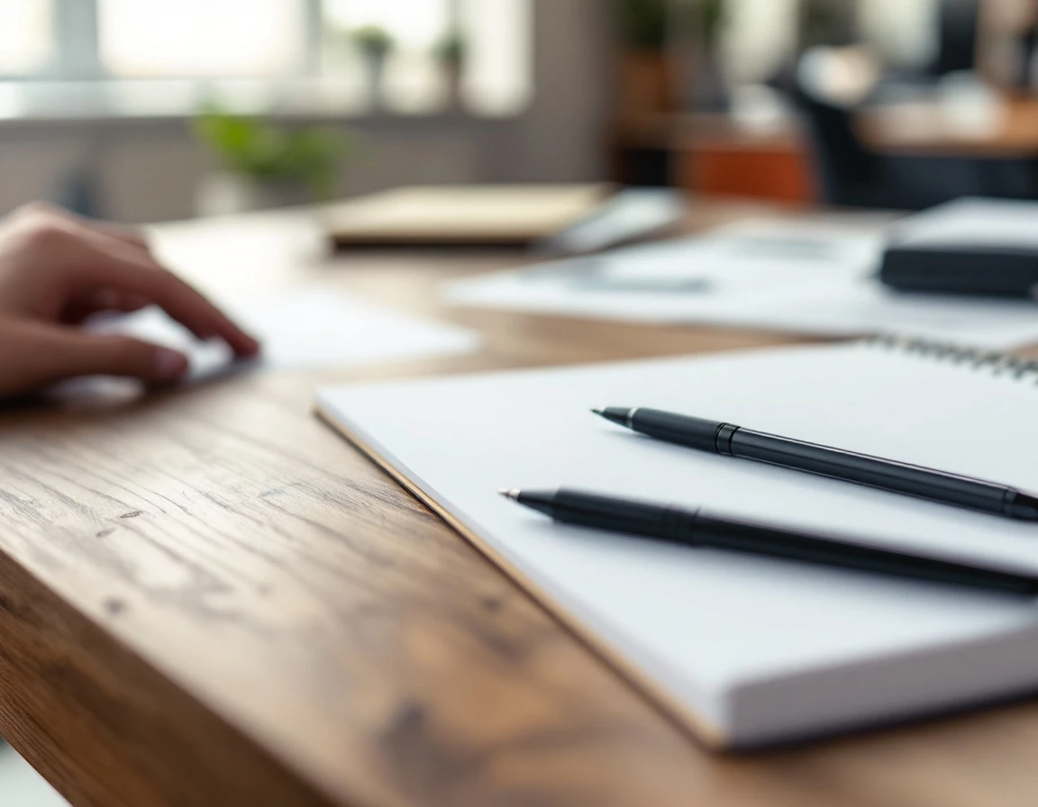 Professional workspace with papers positioned face-down on wooden desk, pens and notebook in natural office lighting