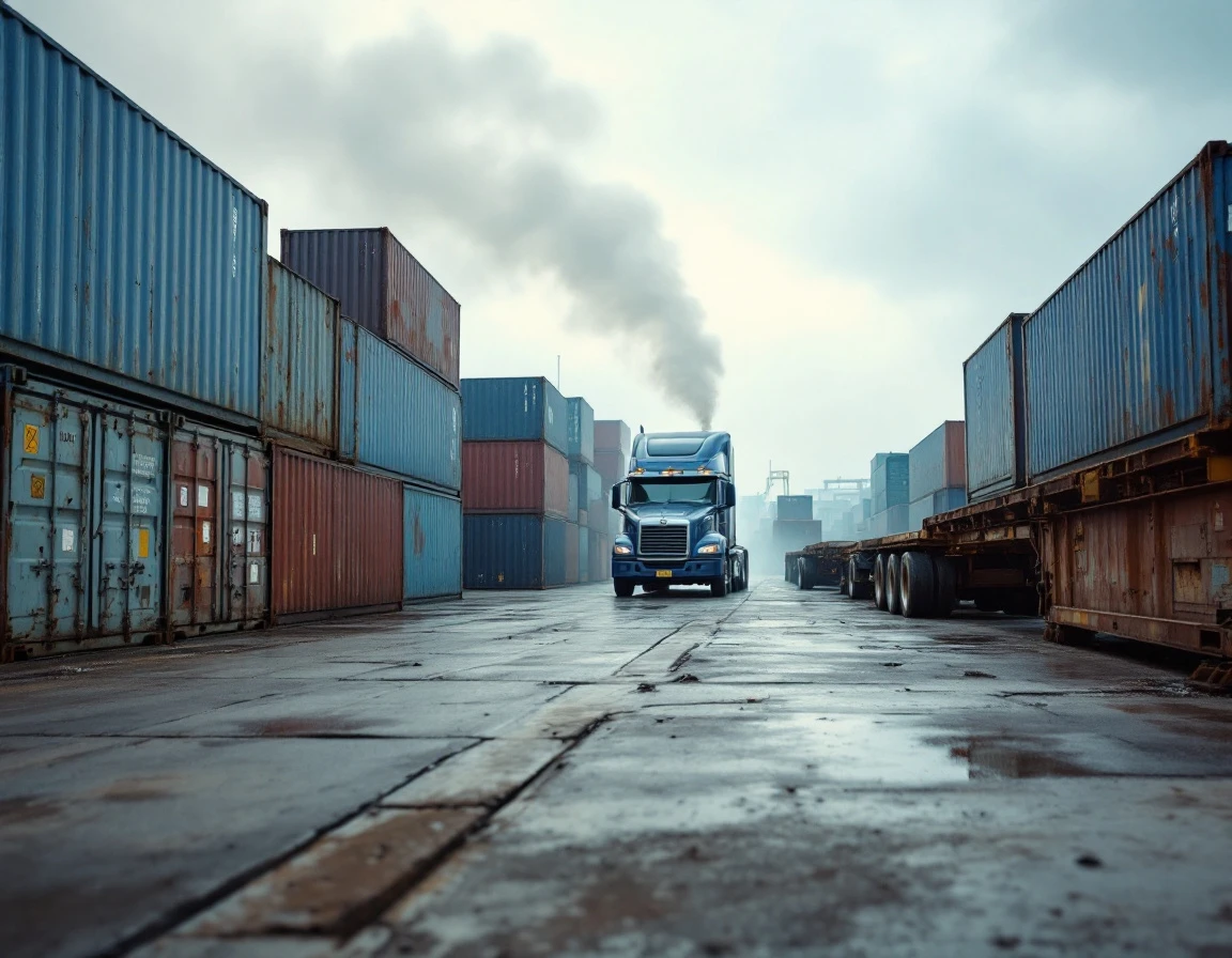 Container yard with weathered cargo containers and truck during active loading operations