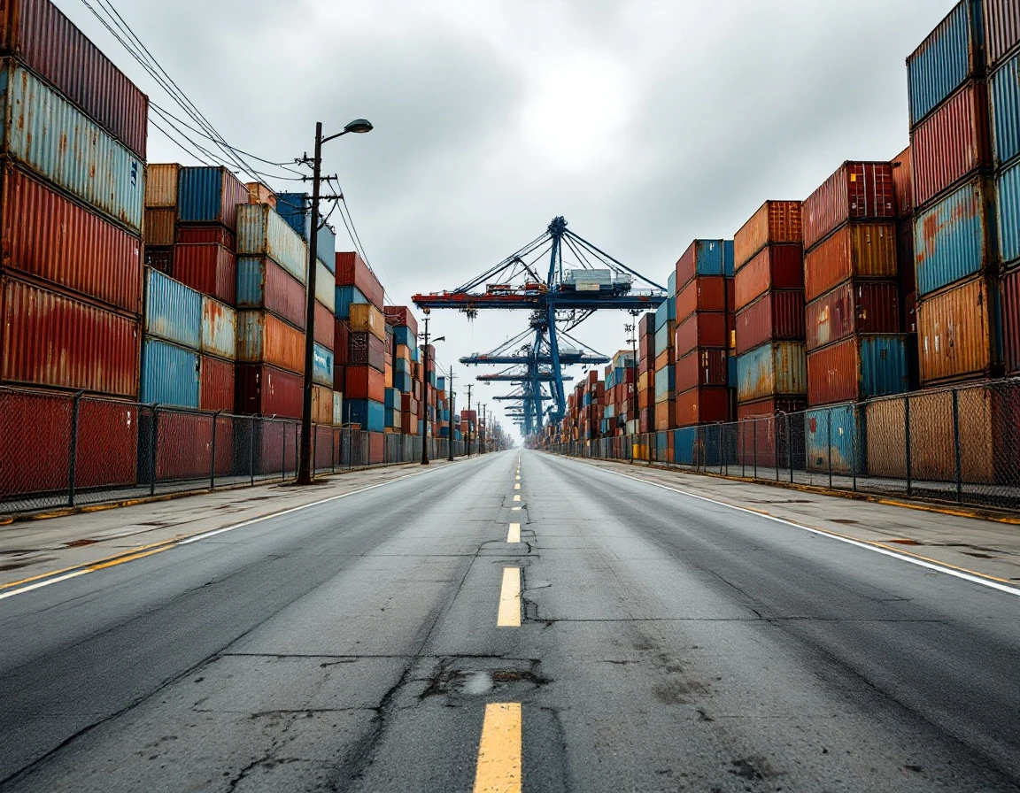 Shipping container terminal with weathered cargo boxes, industrial cranes, and port infrastructure