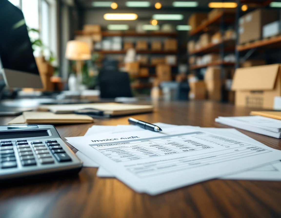 Warehouse office desk with financial documents, calculator, and shipping materials for invoice auditing