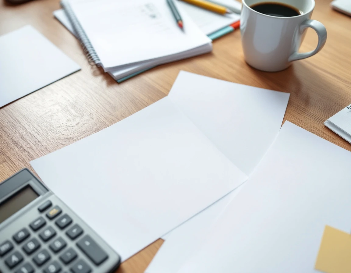 Blank papers and calculator on desk representing invoice audit documentation process
