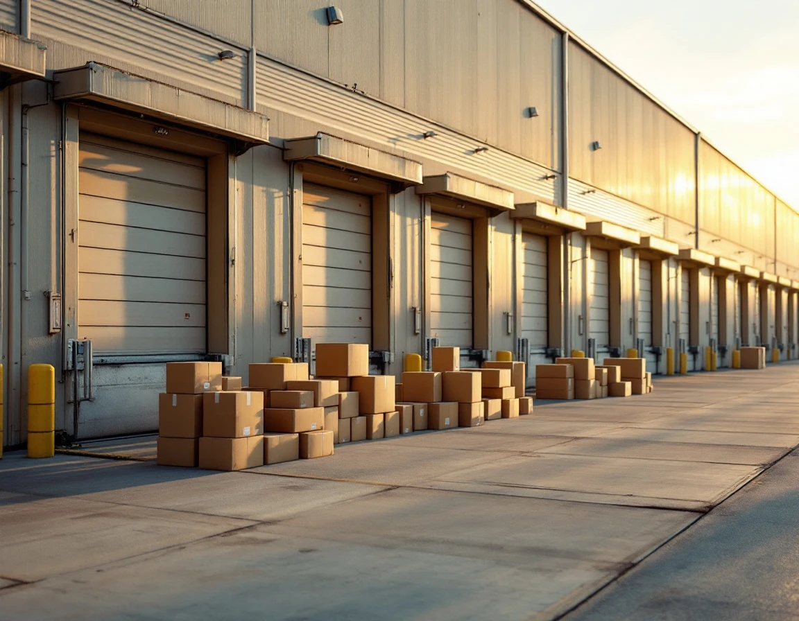 Commercial warehouse loading dock with cardboard parcels awaiting carrier pickup at dawn