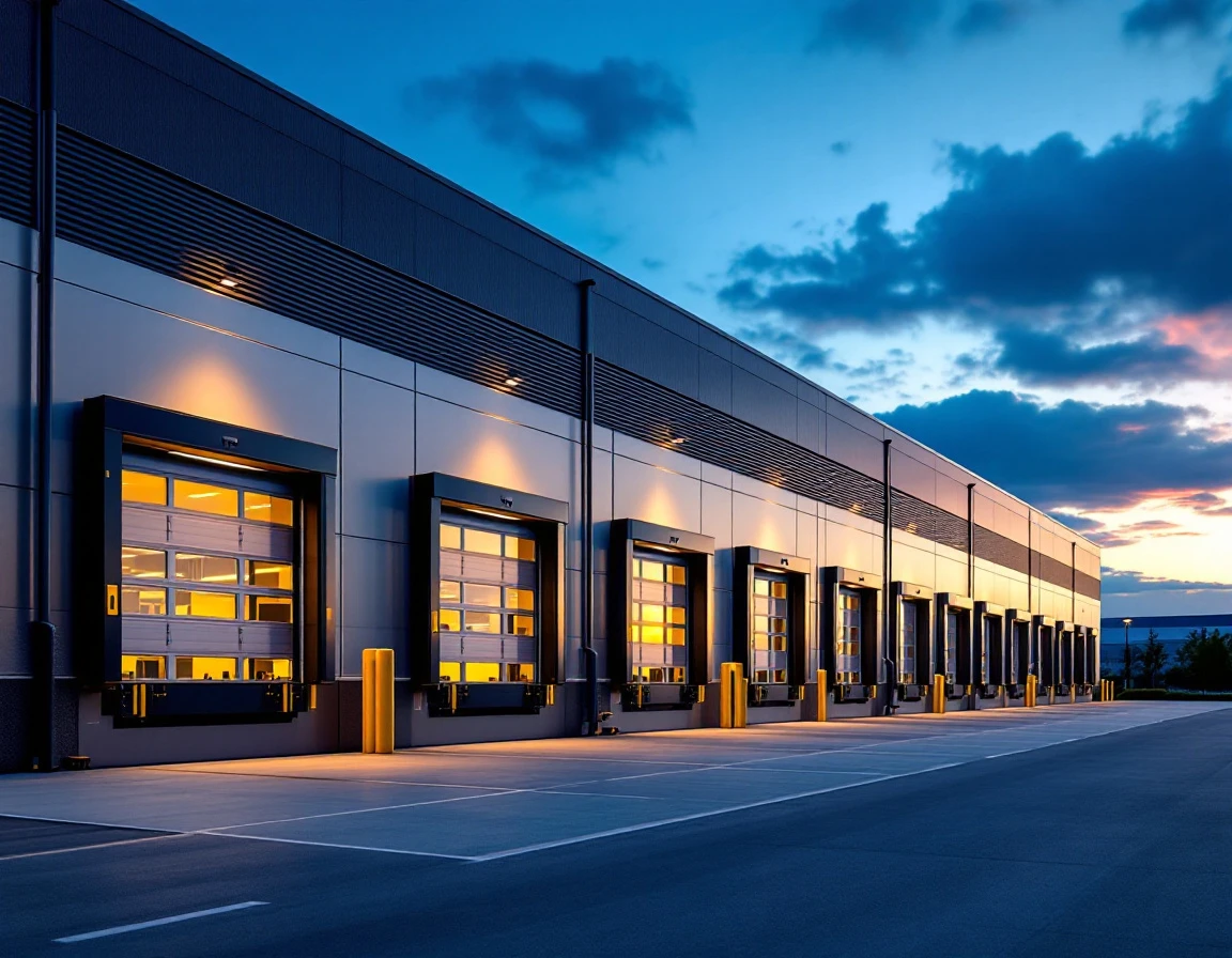 Modern distribution facility exterior at twilight showing loading docks and warehouse architecture