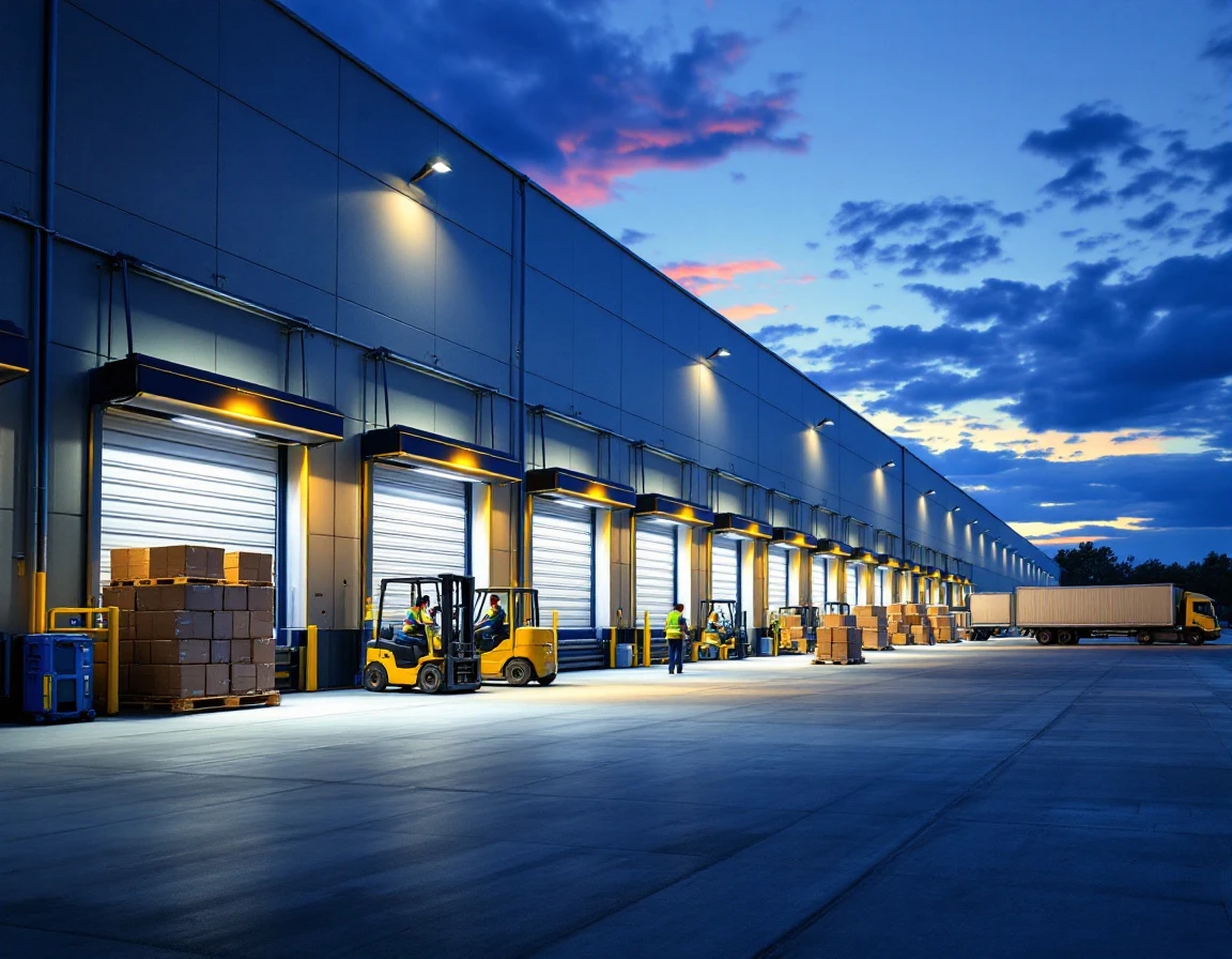 Distribution warehouse loading docks at twilight with trucks and palletized shipments during network transition