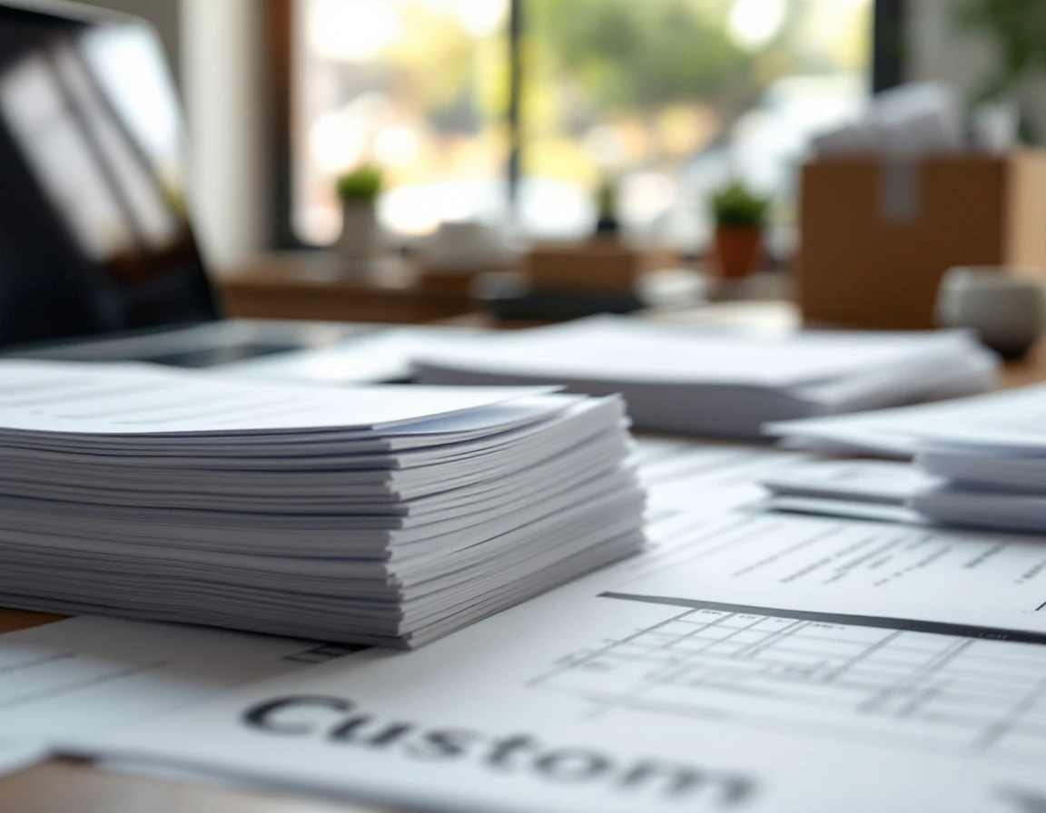 Close-up of international shipping documentation and billing materials on an office desk in natural lighting