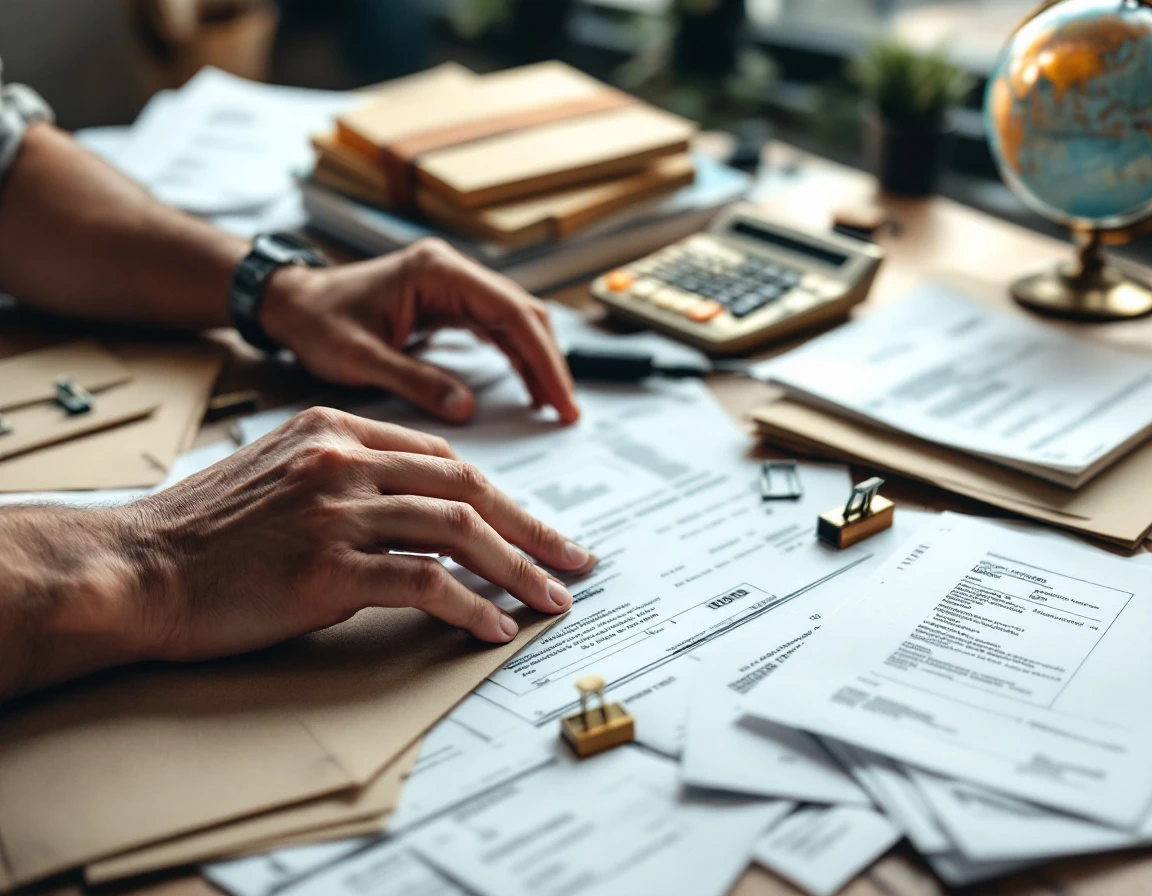 Hands reviewing international shipping invoices and billing documents at office desk with calculator and globe