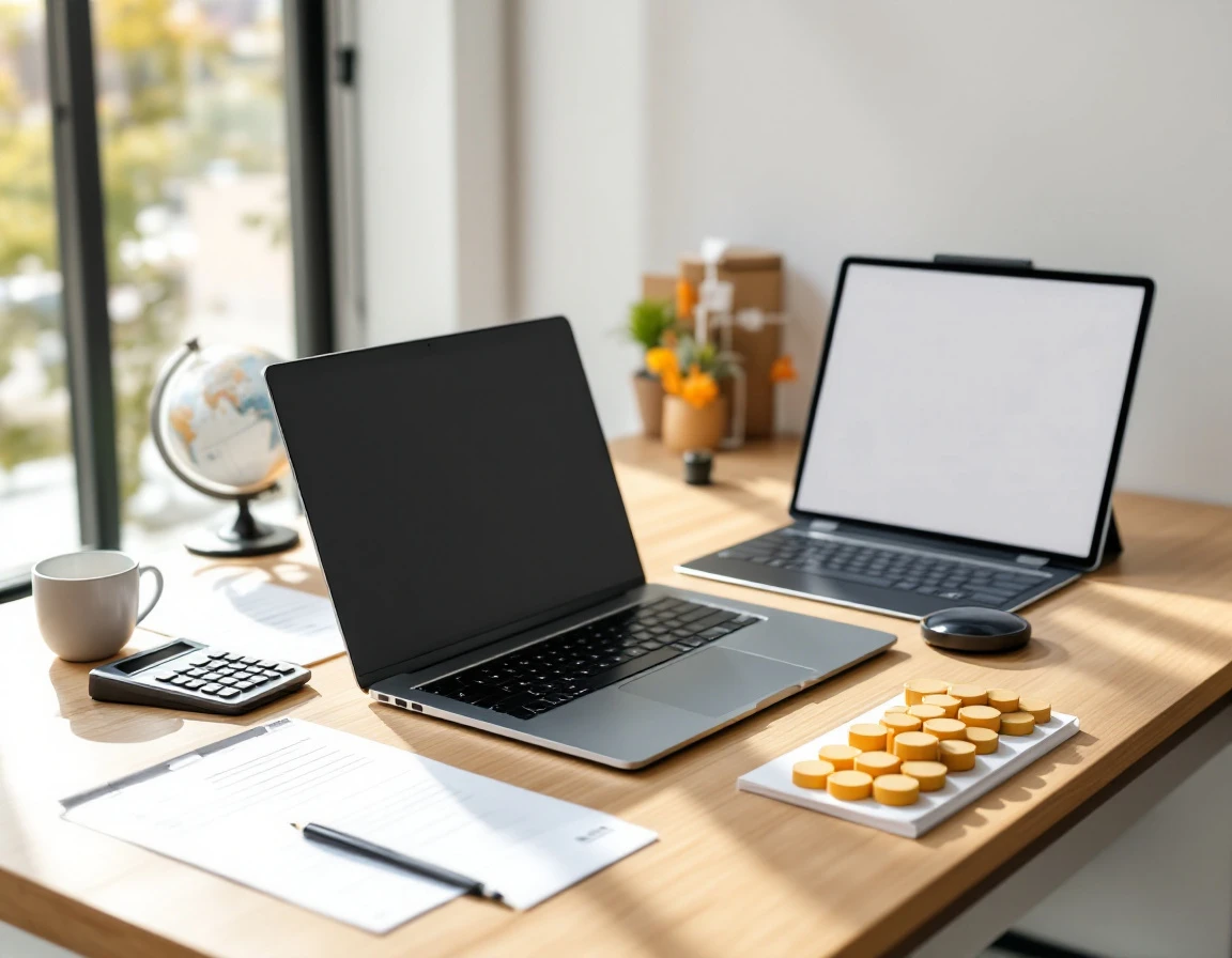 Clean office desk with laptop, calculator, and international shipping materials for compliance auditing