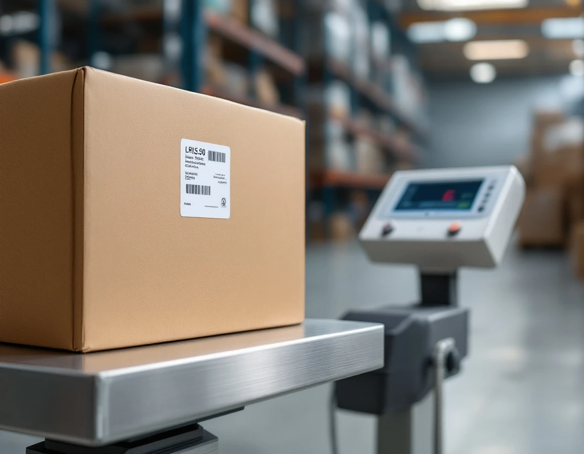 Commercial parcel scale weighing a cardboard box with shipping label in warehouse setting