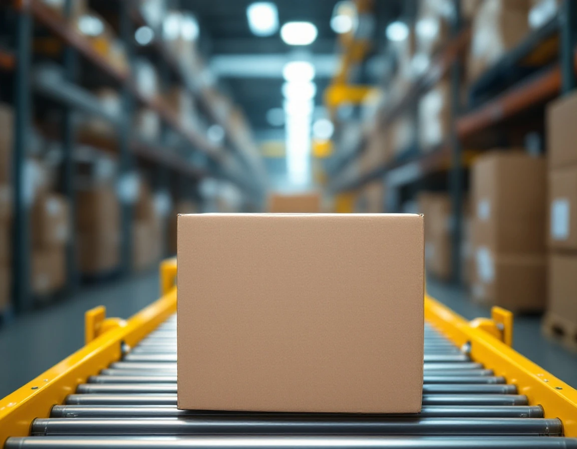 Cardboard packages on yellow warehouse conveyor belt with unlabeled boxes in soft focus background