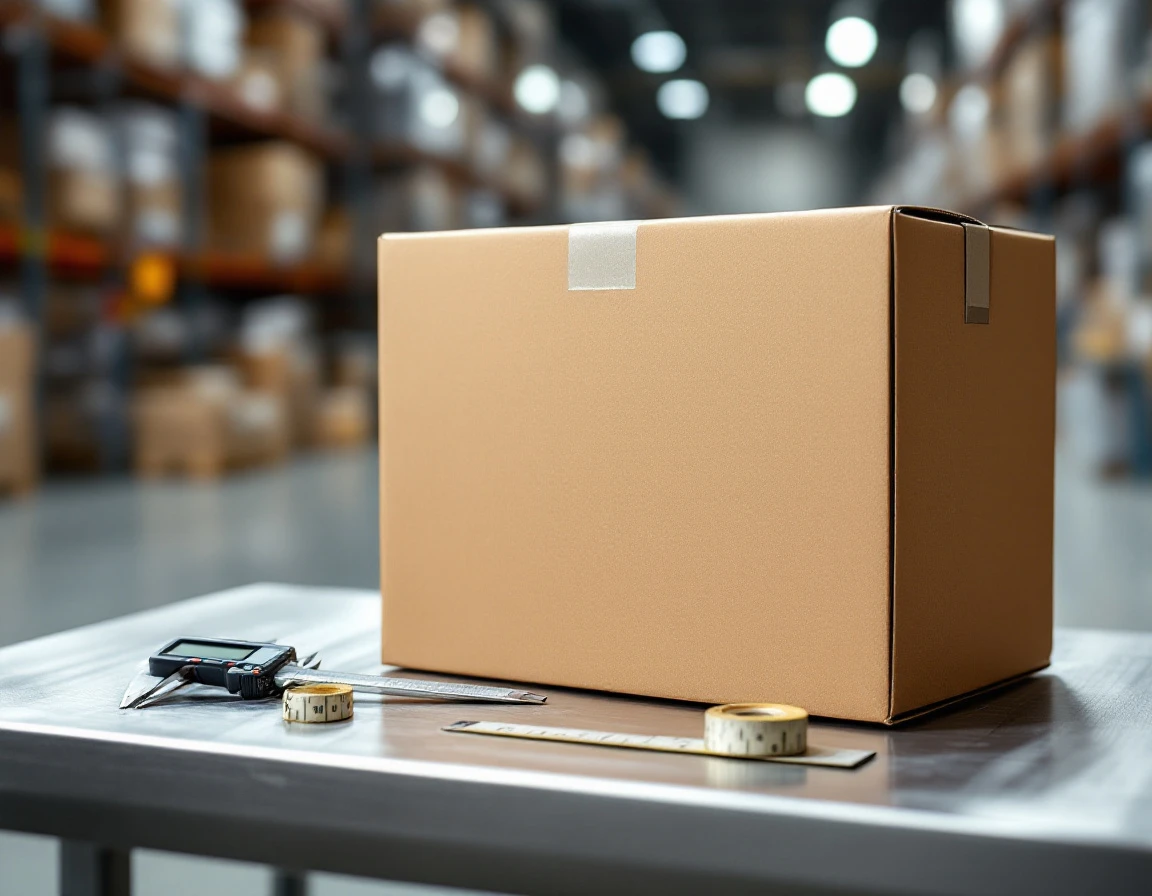 Cardboard package with measuring tools at warehouse facility during dimensional verification