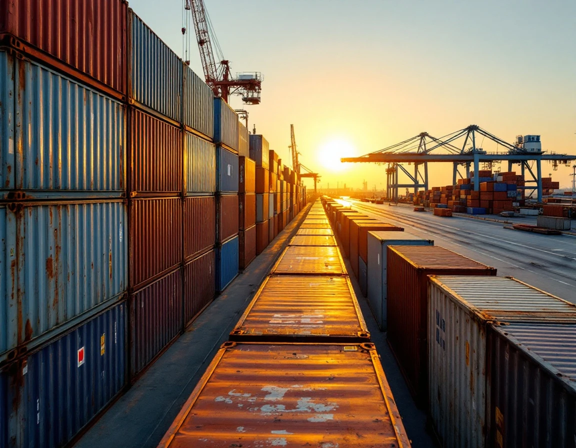 Container ship deck at golden hour approaching Middle Eastern port with weathered cargo containers and cranes