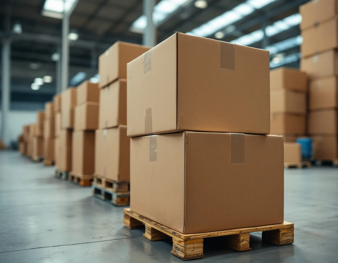 Stacked cardboard boxes on pallets in warehouse showing authentic wear and natural lighting conditions