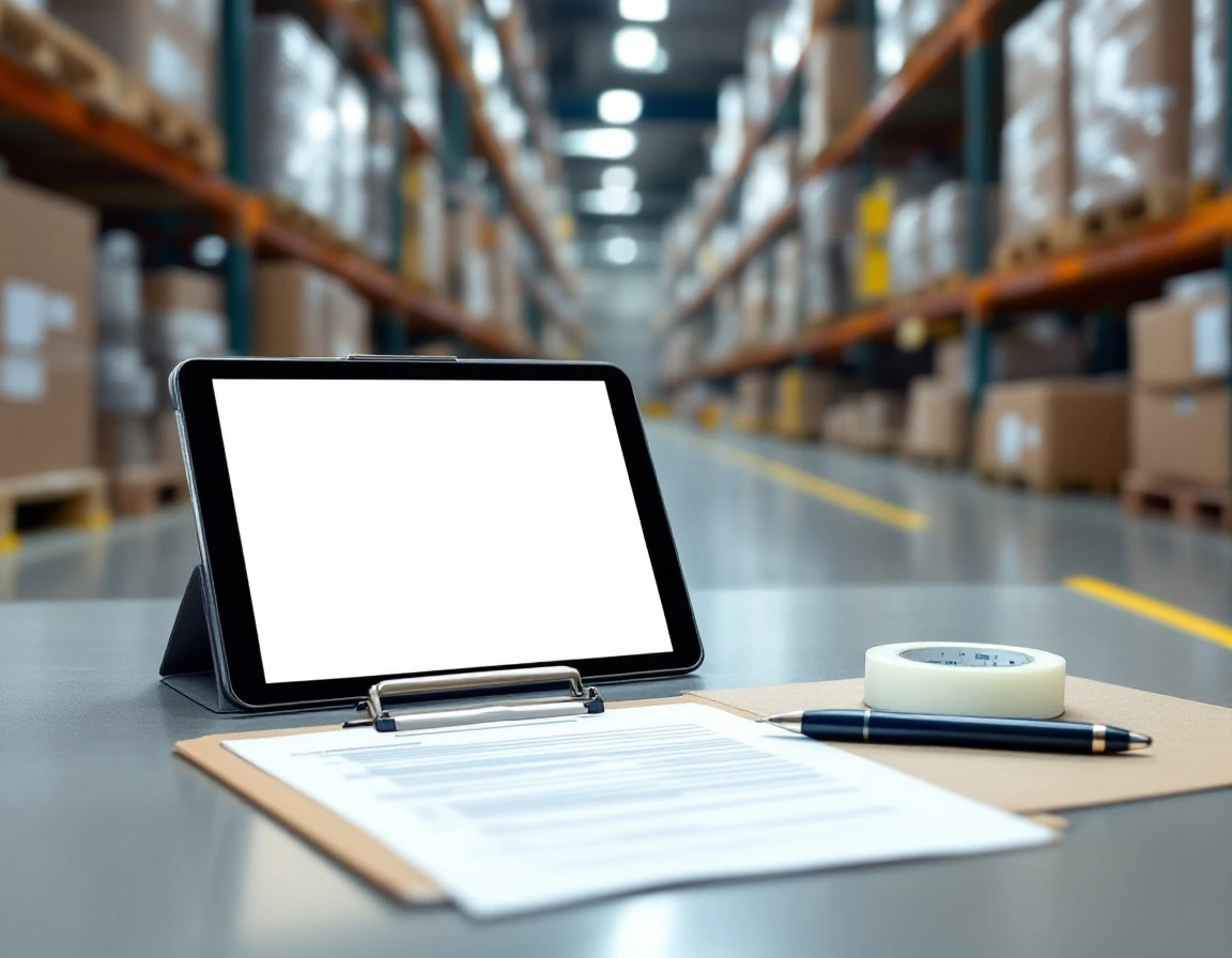 Warehouse audit workspace with tablet, clipboard, and cardboard shipping box during peak season preparation