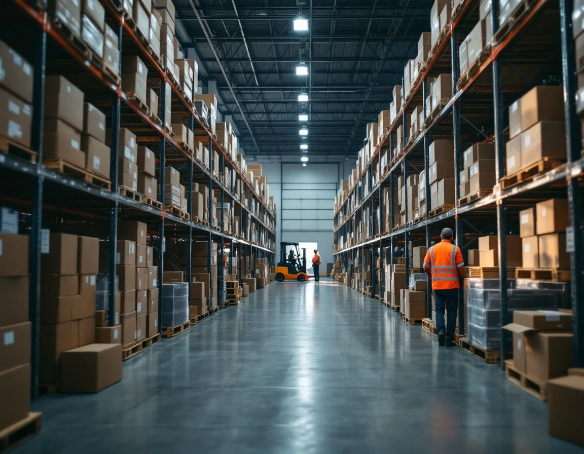 Warehouse workers managing inventory on shelving units during peak season preparation