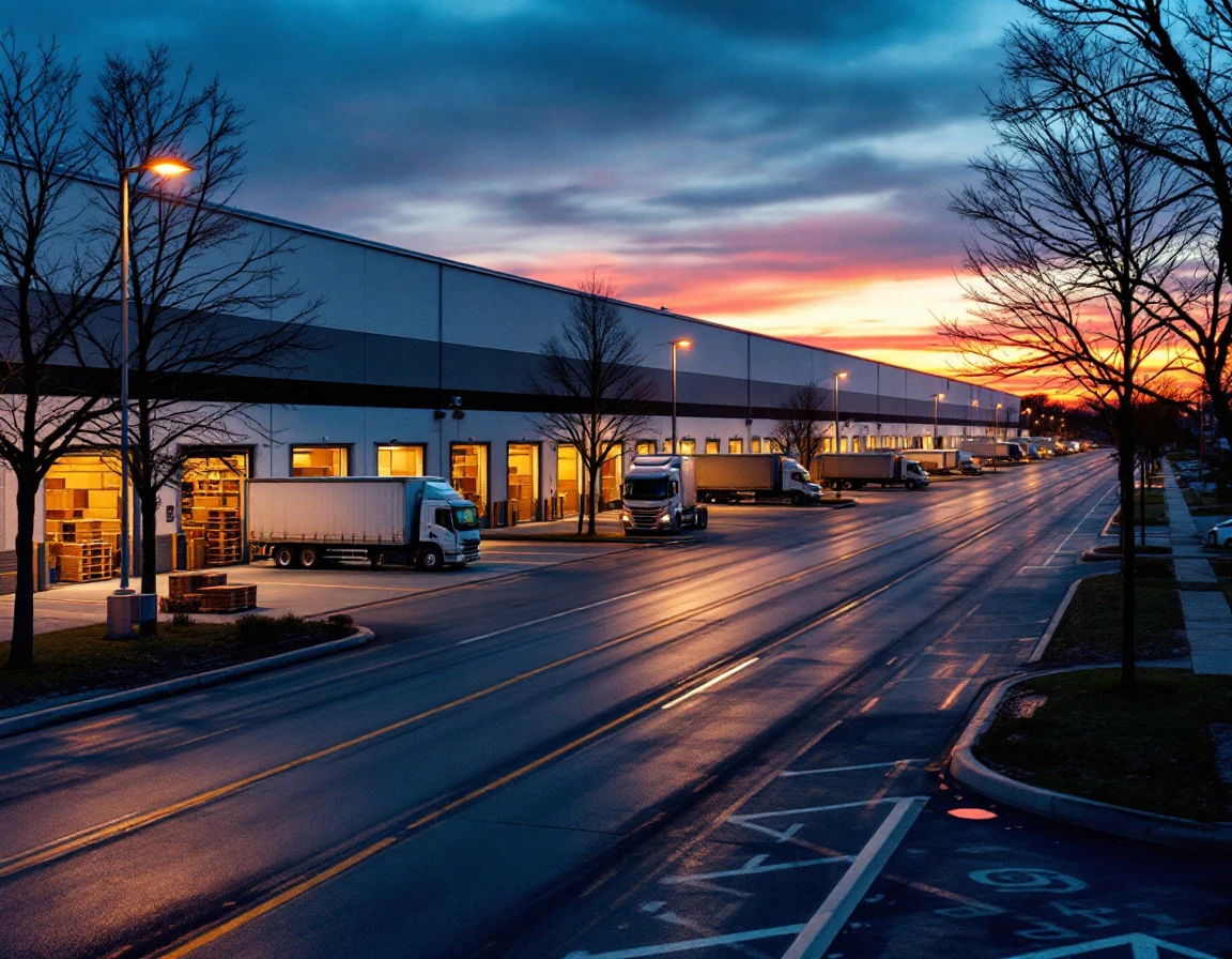 Distribution warehouse loading docks at dusk with organized truck bays ready for peak season logistics operations