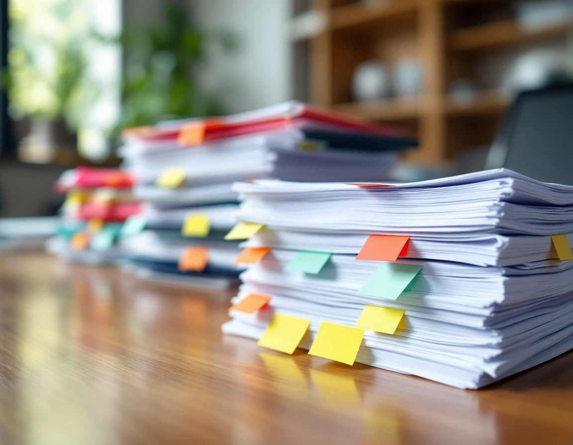 Organized document stacks with color-coded priority tabs on office desk for claim management