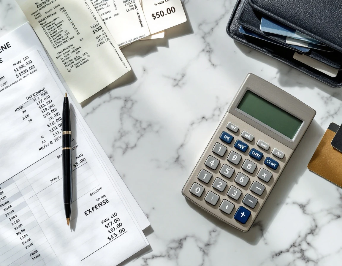 Overhead view of receipts, credit cards, calculator, and blank refund forms arranged on marble surface