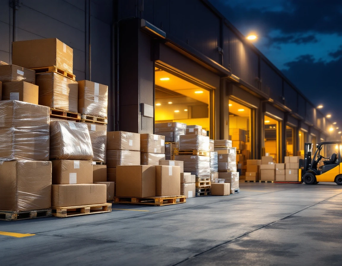 Warehouse loading dock showing transition from individual parcels to consolidated palletized freight shipments