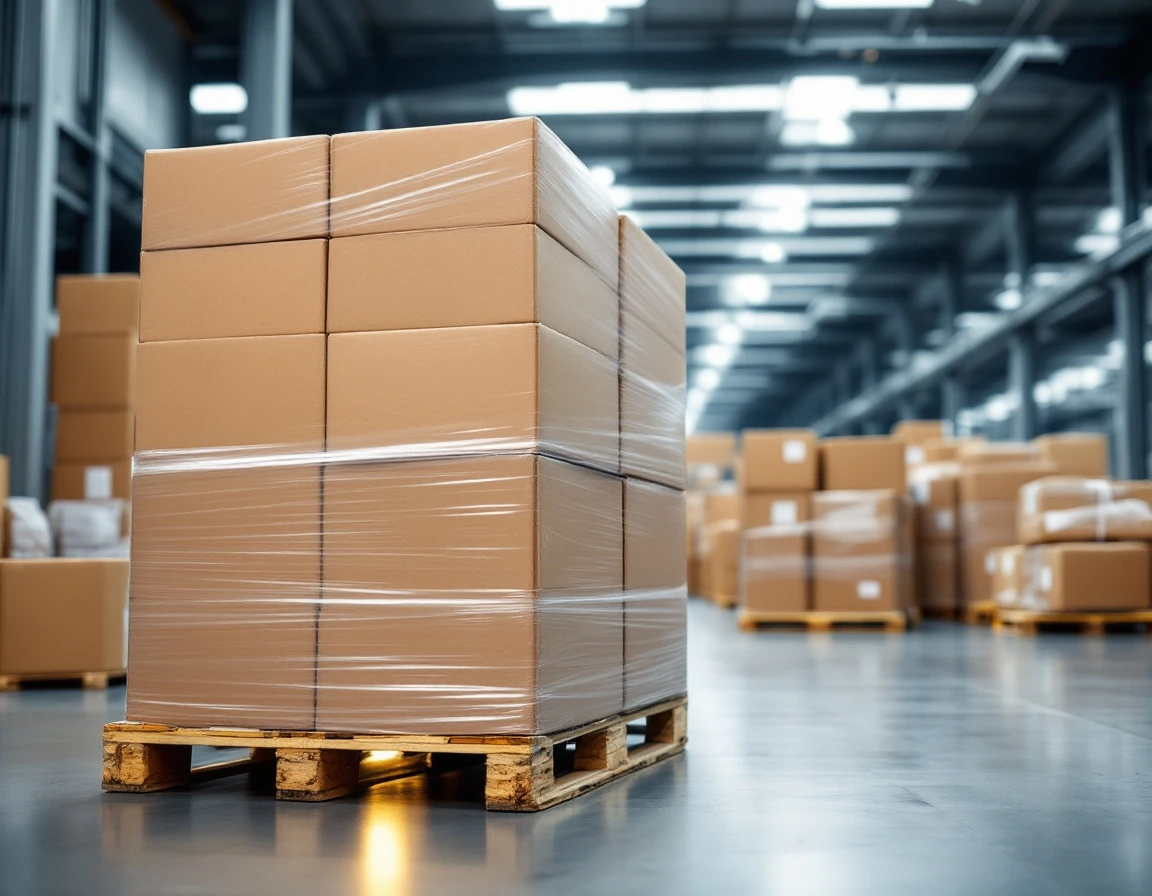 Consolidated freight pallets with multiple parcels in warehouse showing transition from parcel to LTL shipments