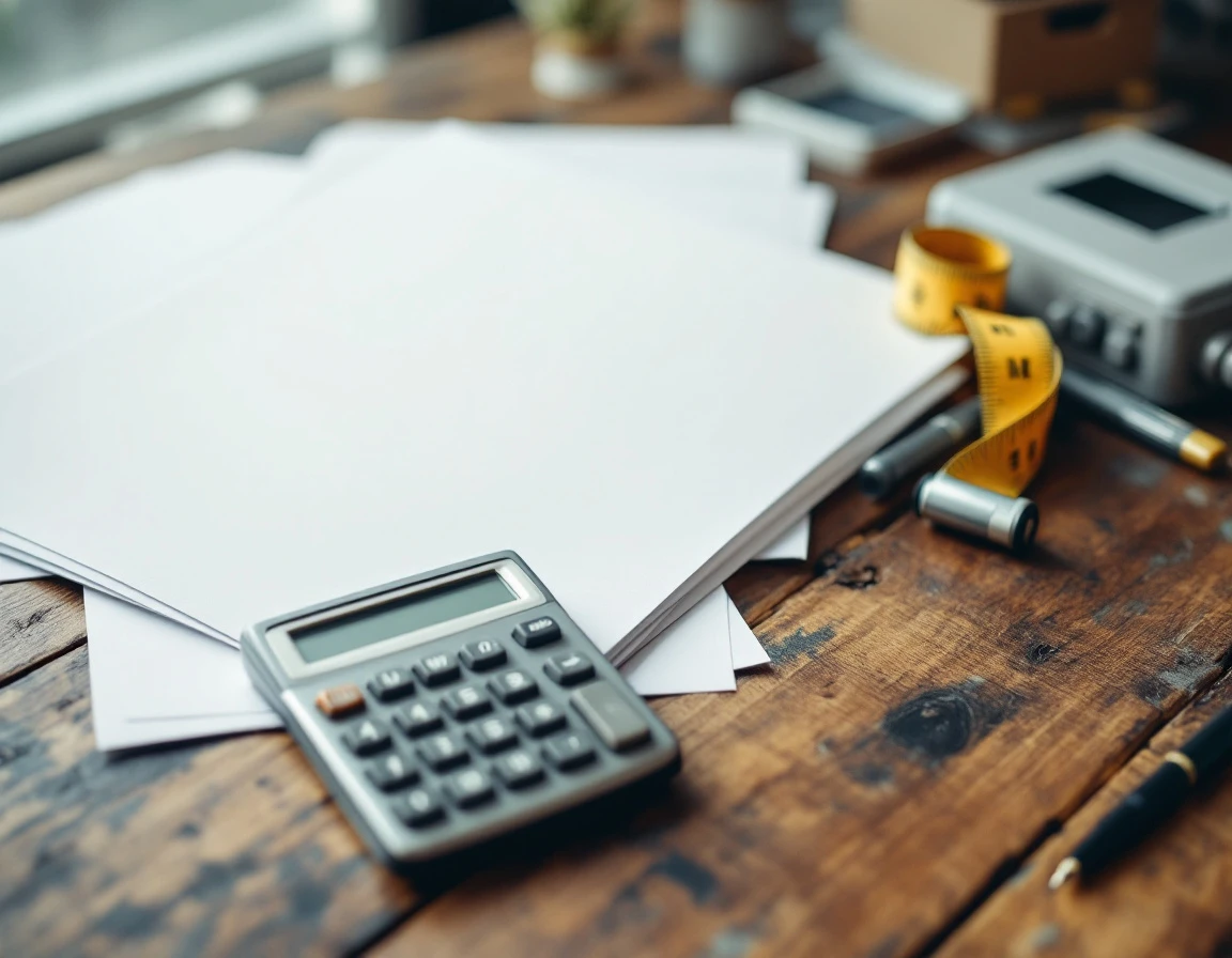 Freight auditing workspace with blank forms, calculator, measuring tape, and pen on wooden desk
