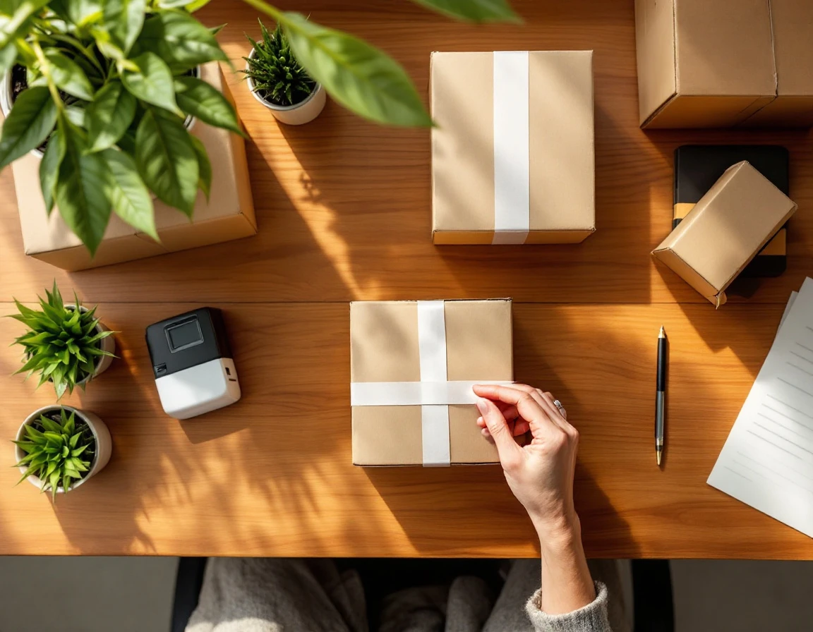 Overhead view of shipping workspace with cardboard boxes being sealed with packing tape on wooden desk
