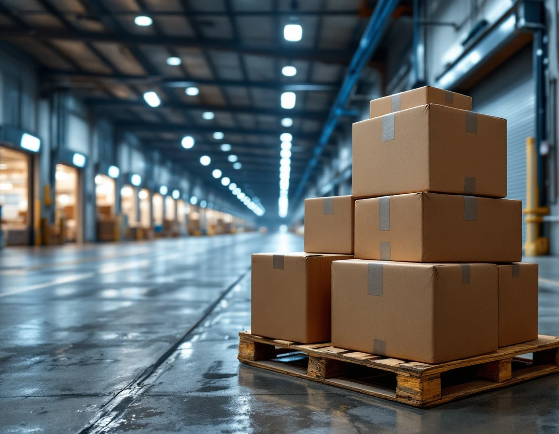 Stacked shipping boxes on warehouse pallet showing typical parcel volumes for mid-market logistics operations