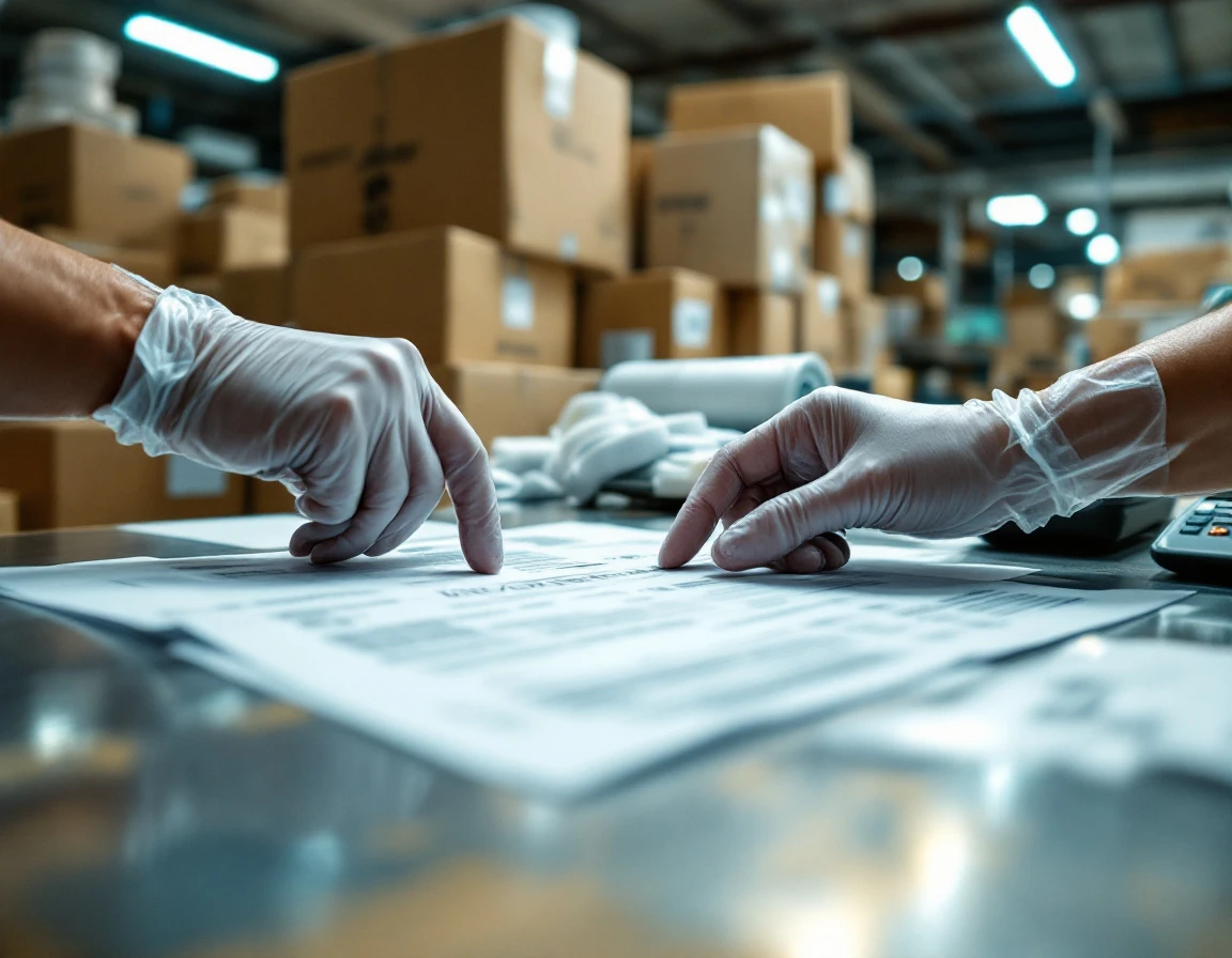Hands processing shipping paperwork with cardboard boxes and postal scale in warehouse setting