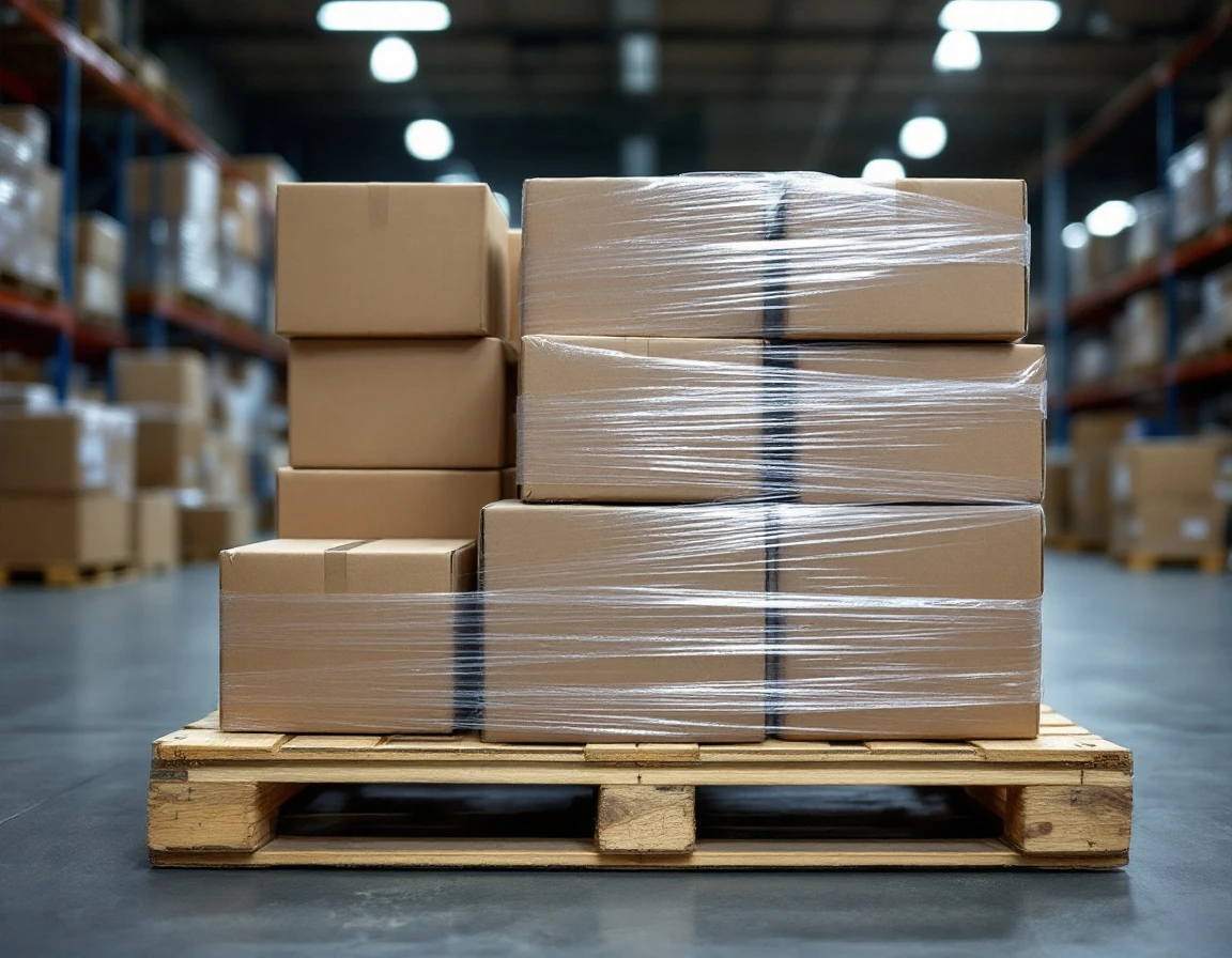 Pallet of shrink-wrapped boxes in warehouse showing transition from parcel to freight shipments
