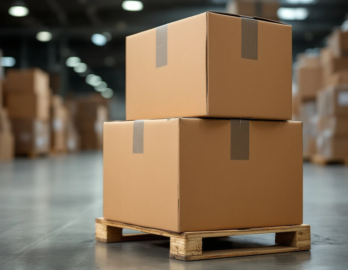 Stacked cardboard boxes on warehouse pallet showing consolidation weight and compression from freight handling