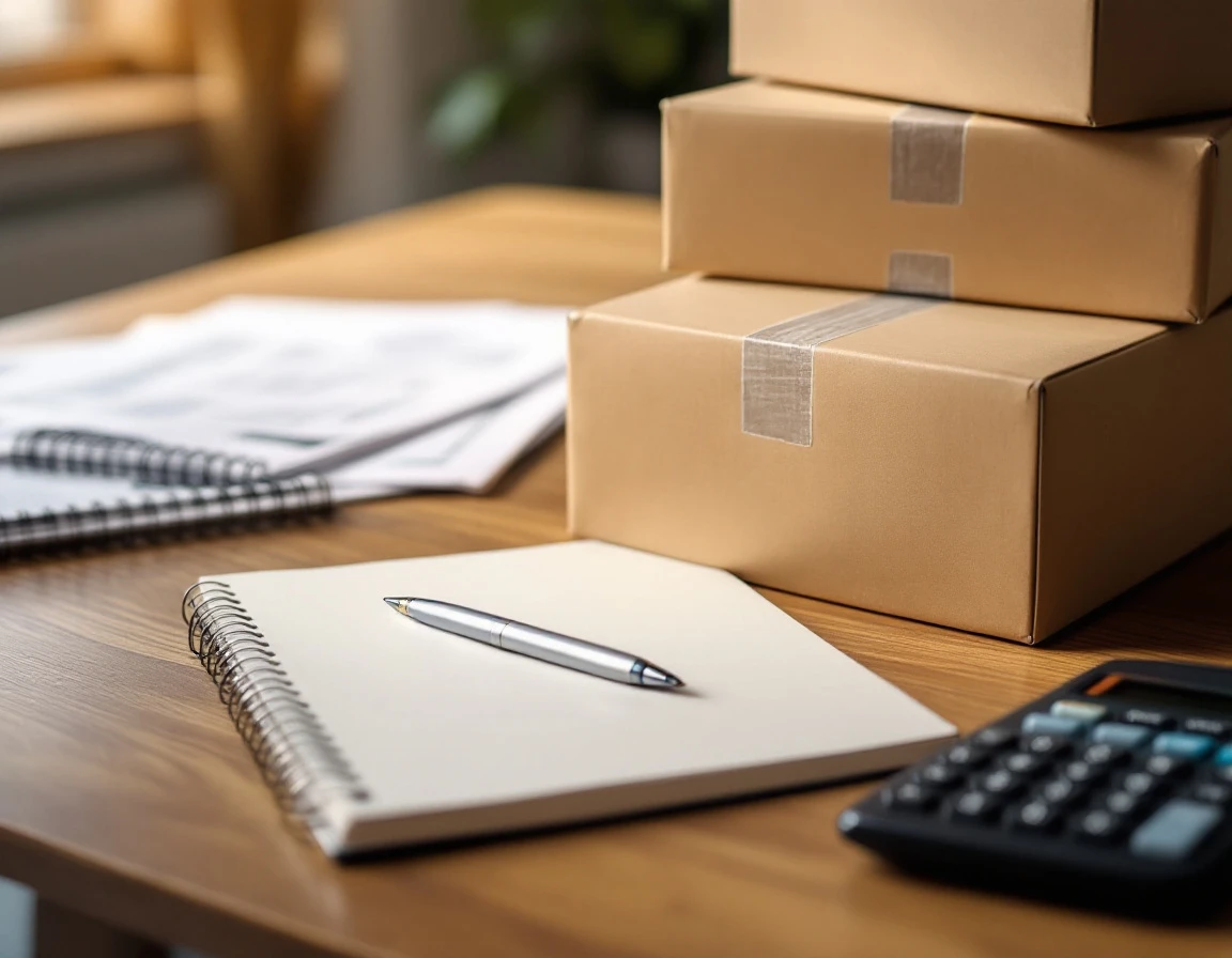 Cardboard shipping boxes on desk with calculator and notepad for carrier billing audit