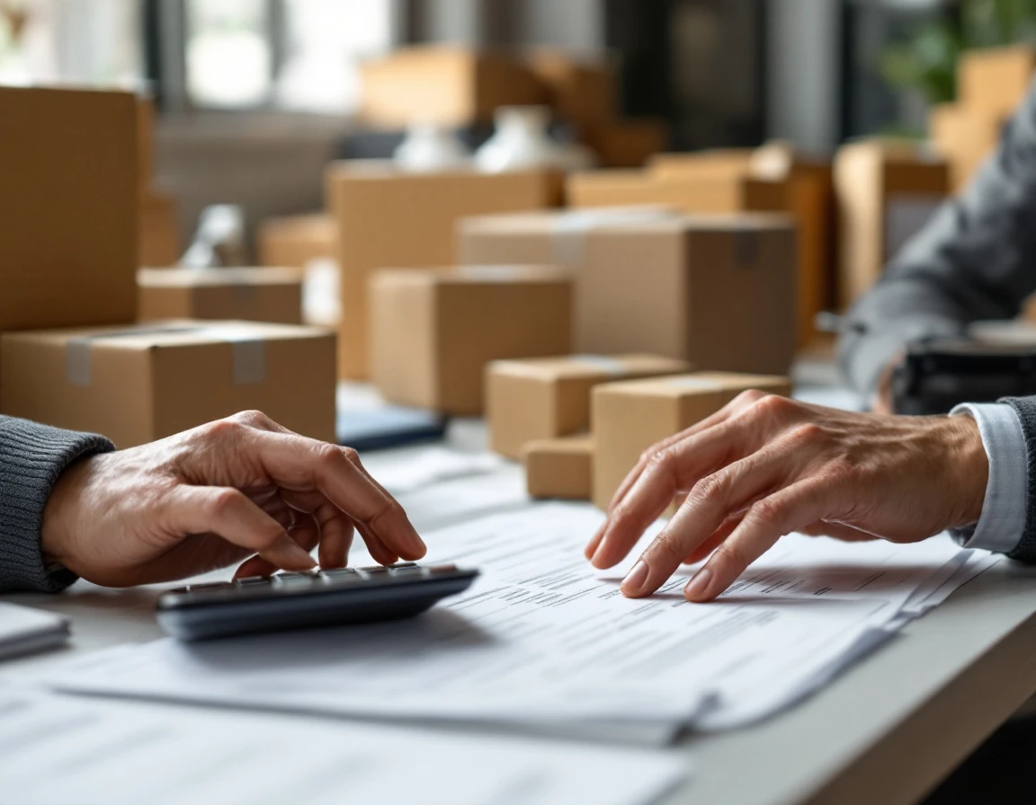 Shipping parcels and blurred tracking documents on desk during logistics audit review