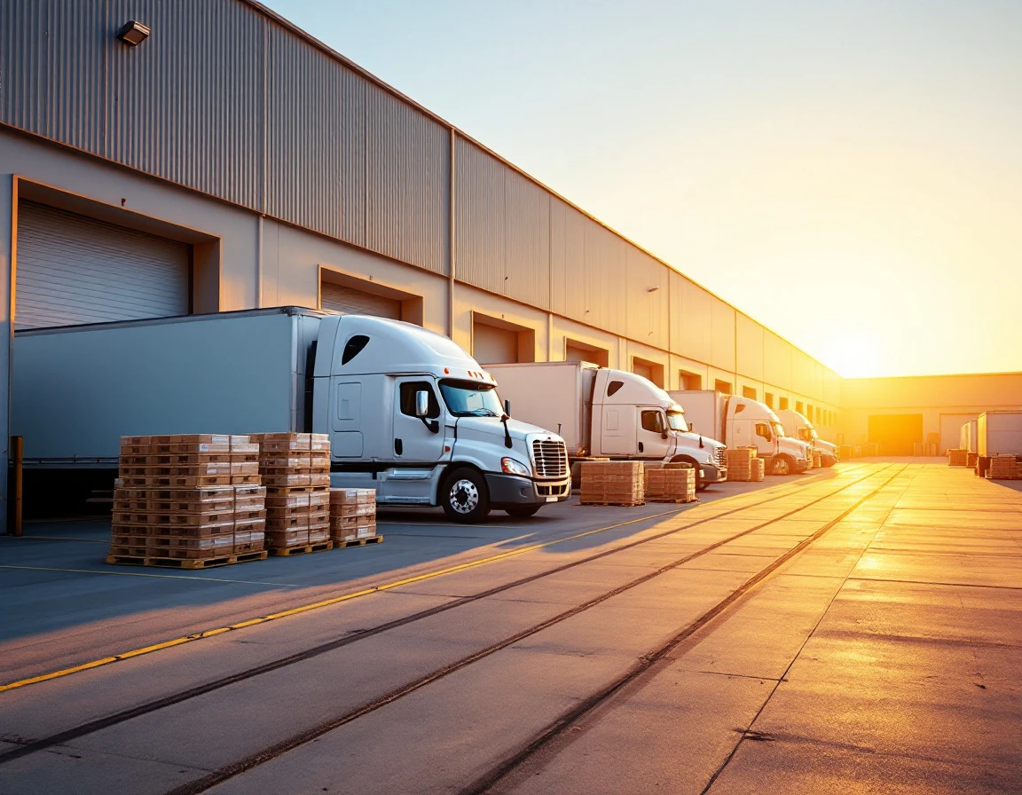 Commercial warehouse loading dock with refrigerated trucks and palletized food products ready for shipment