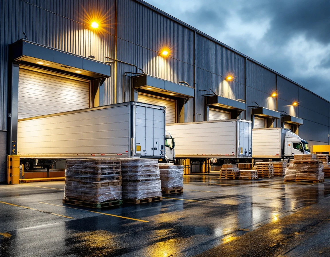 Distribution warehouse loading dock with refrigerated trailers and palletized freight ready for shipment