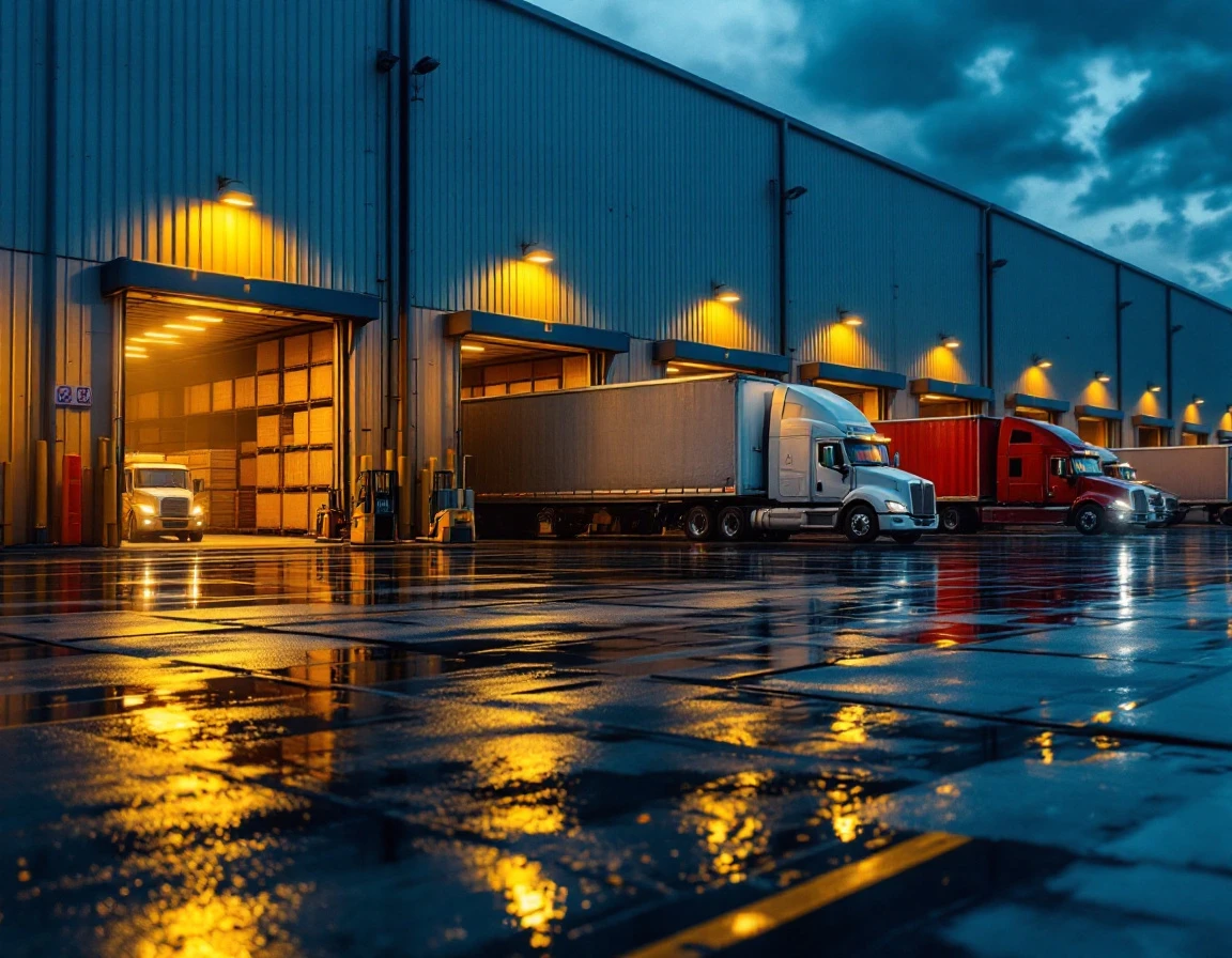Food distribution warehouse loading dock with multiple truck trailers at dusk showing logistics operations