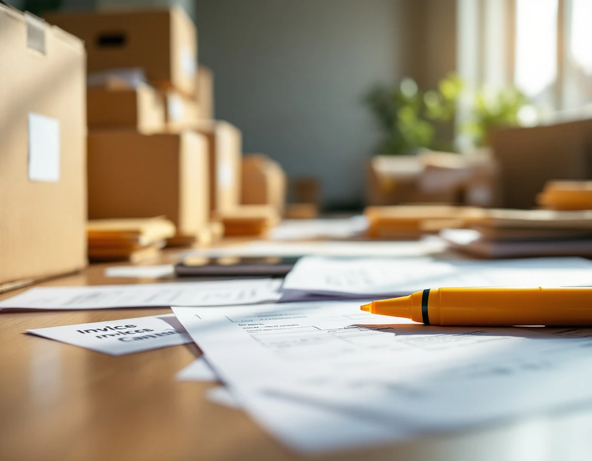 Shipping audit workspace with highlighter and blurred billing documents on wooden desk